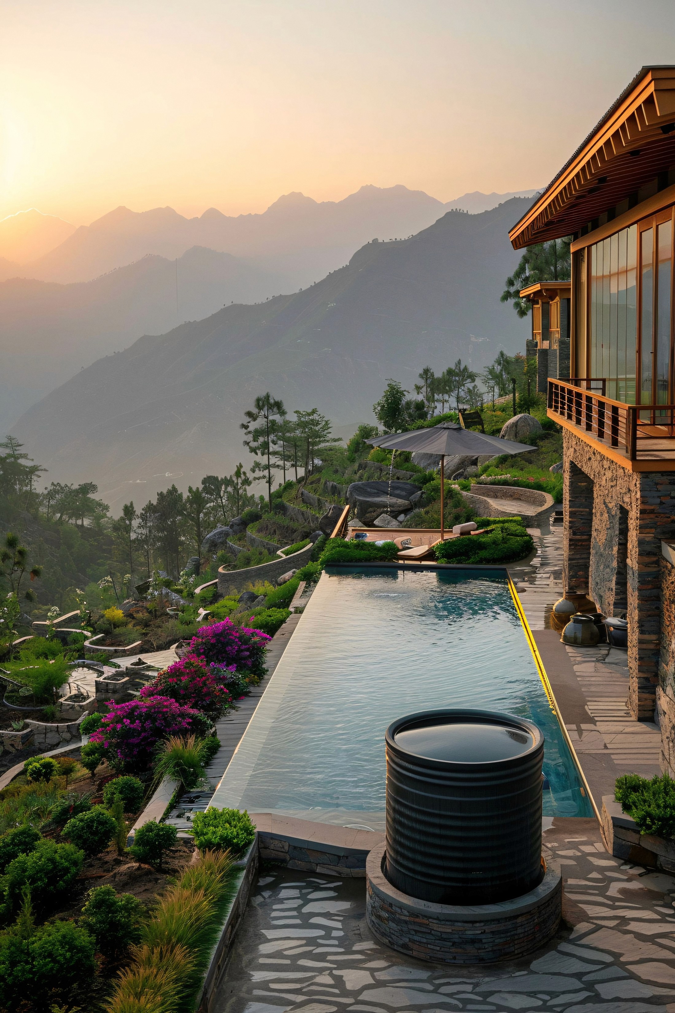 Luxurious mountainside villa with infinity pool, surrounded by lush greenery and colorful flowers at sunset. Overlooks misty, layered mountains. Serene ambiance.