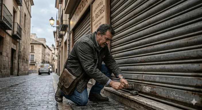 Persiana metálica de un comercio atascada, impidiendo la apertura del local a primera hora.