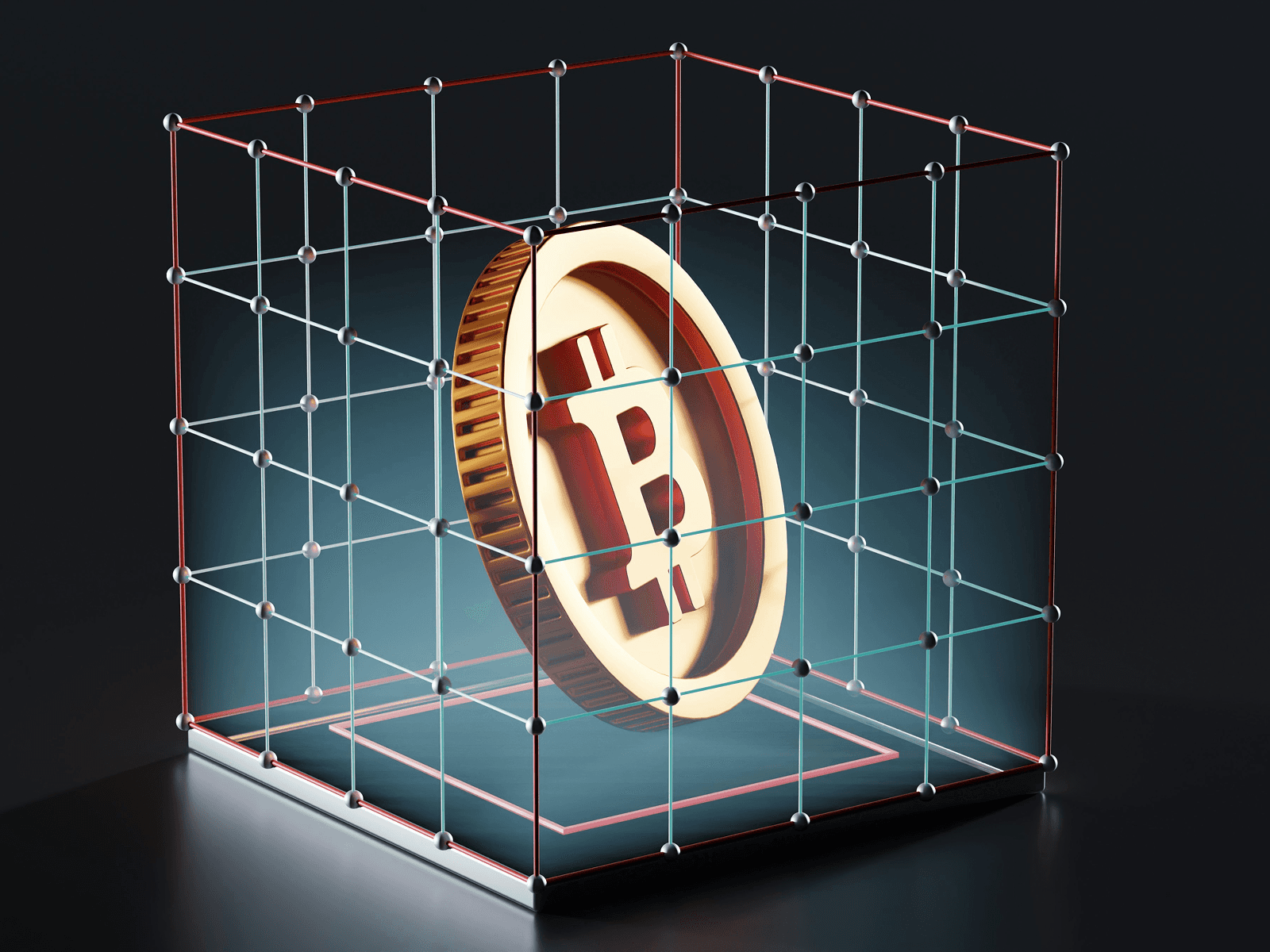 Golden Bitcoin coin inside wireframe cube