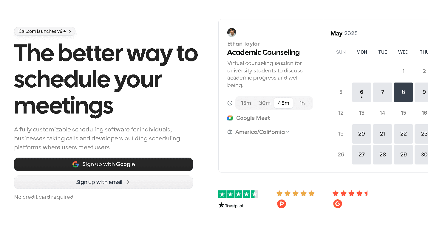 Cal.com homepage interface showing a customizable scheduling booking page for academic counseling alongside a "Sign up with Google" call to action.