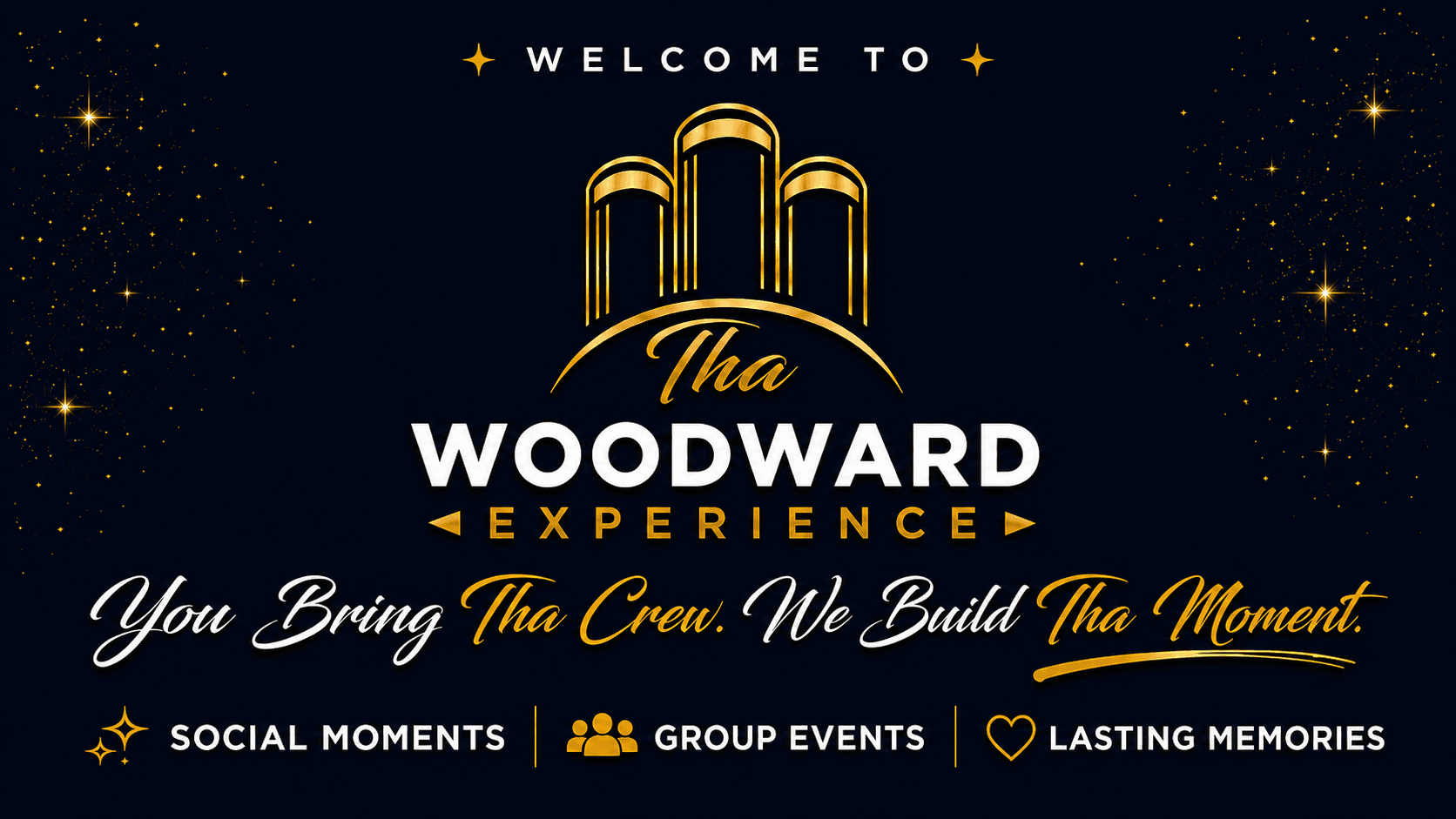 Tha Woodward Experience — friends celebrating a group night out against the Atlanta skyline.