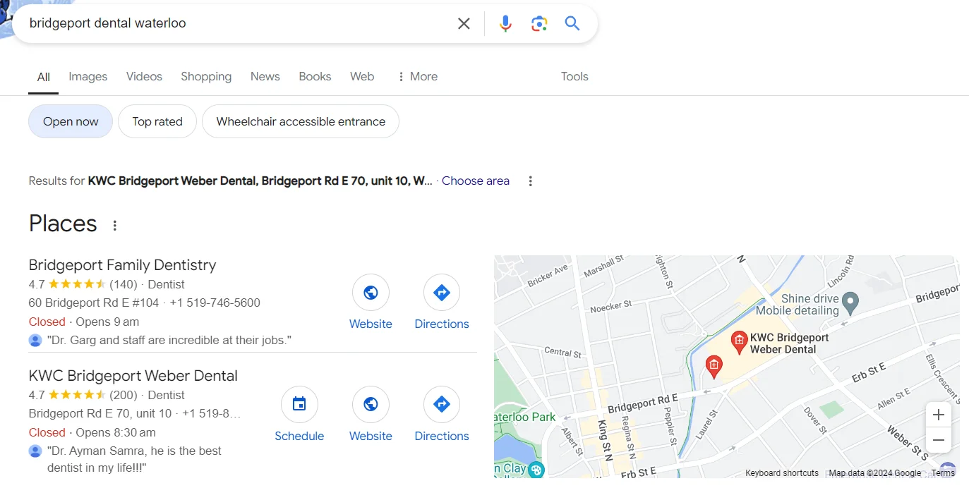 Local SEO results on Google of a dental clinic in Toronto