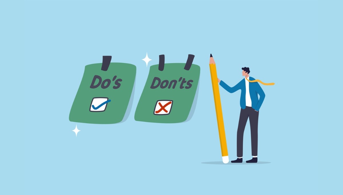 Illustration of a person holding a giant pencil beside sticky notes labeled “Do’s” and “Don’ts”—representing essential interview tips and common mistakes to avoid when trying to get hired.