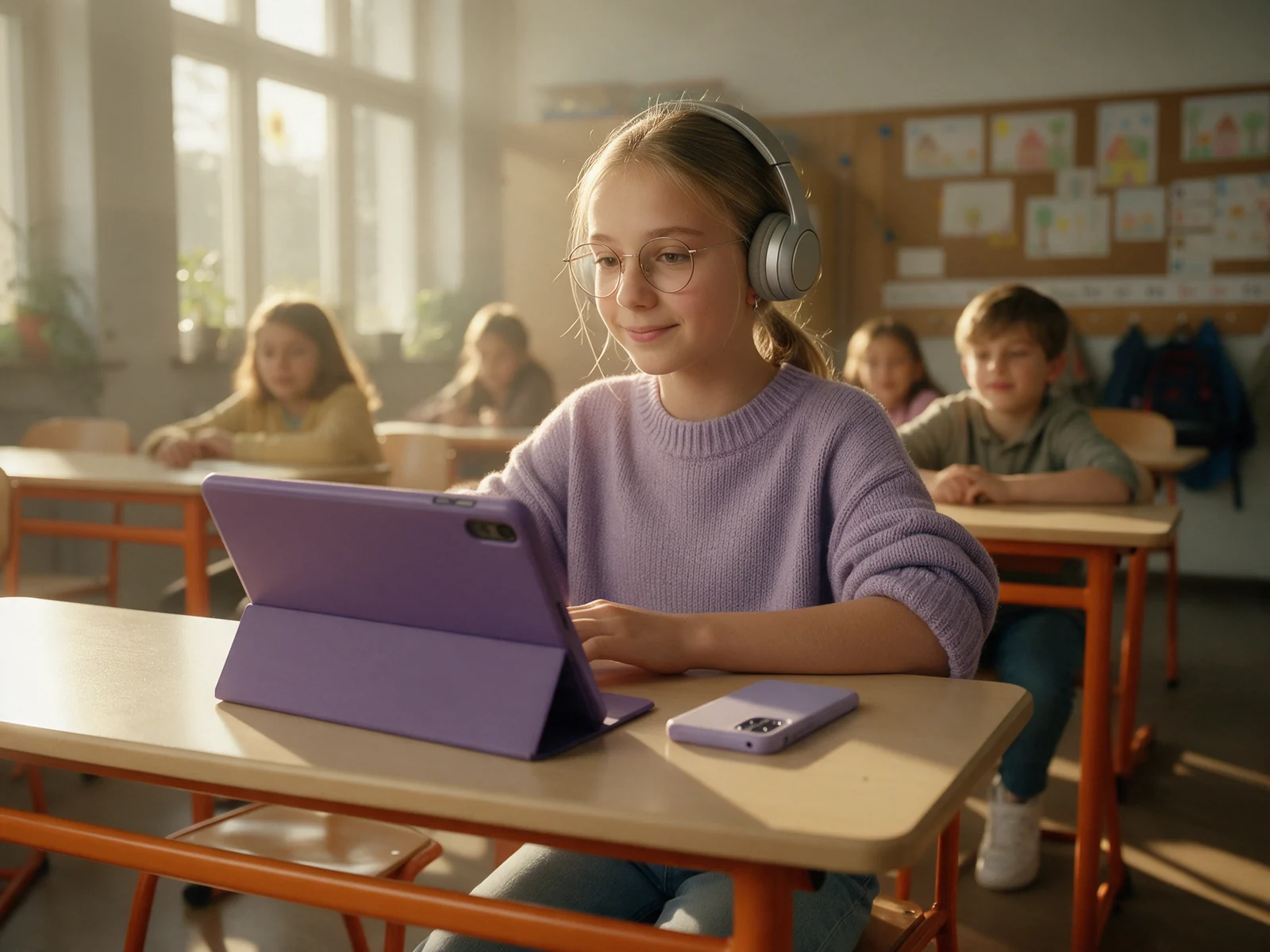 Studentka se sluchátky pracuje v klidu vlastním tempem na tabletu