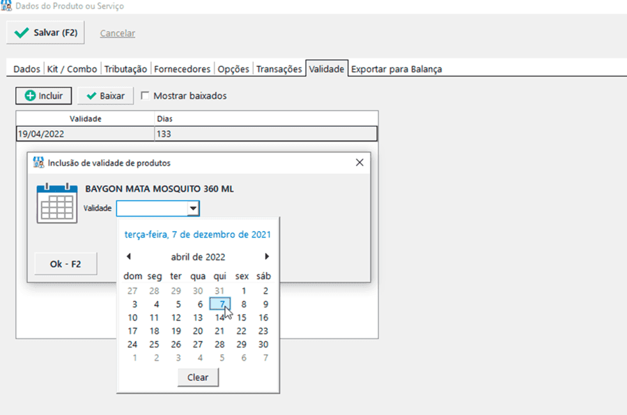 Tela de controle de validade do Nex