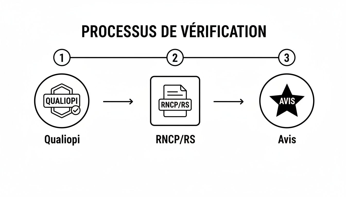 Diagramme du processus de vérification en trois étapes : Qualiopi, RNCP/RS et Avis.