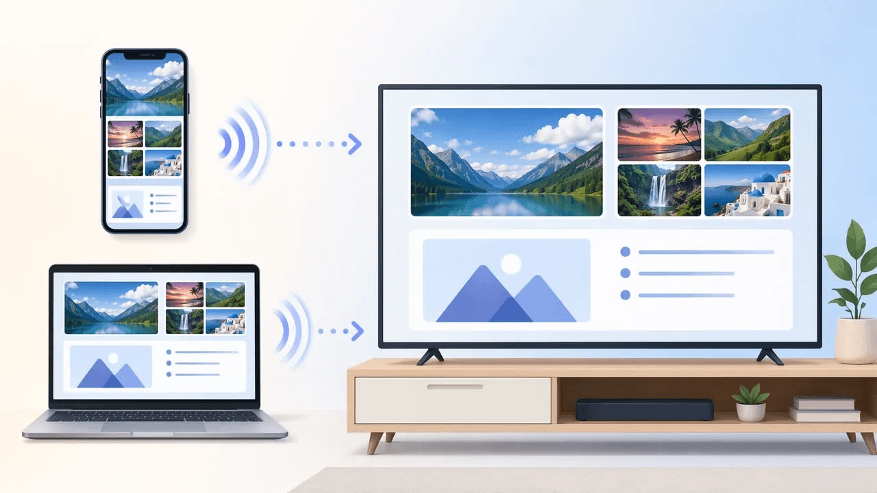 Phone and laptop wirelessly screen mirroring photos and content to a TV