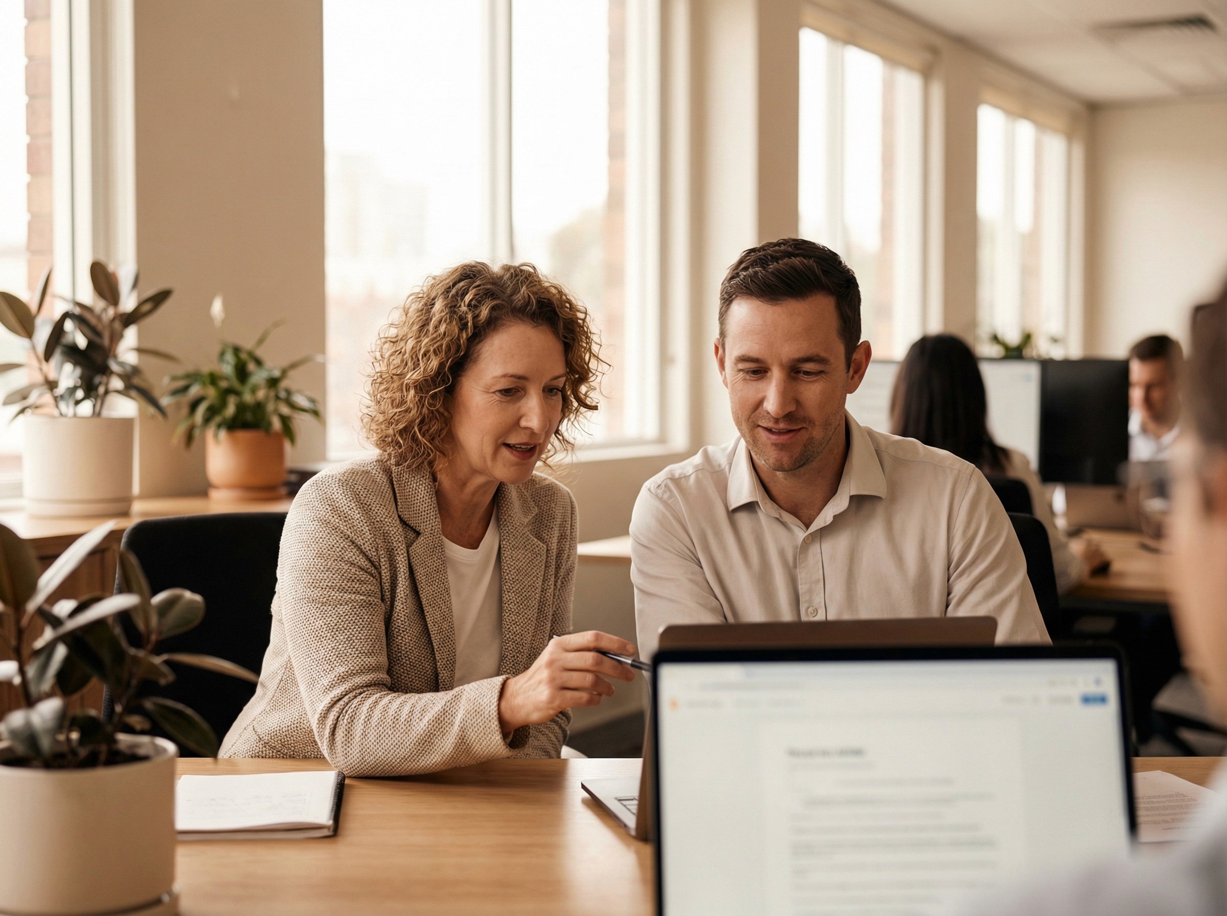 A pair of office workers collaborate on a laptop in an office setting
