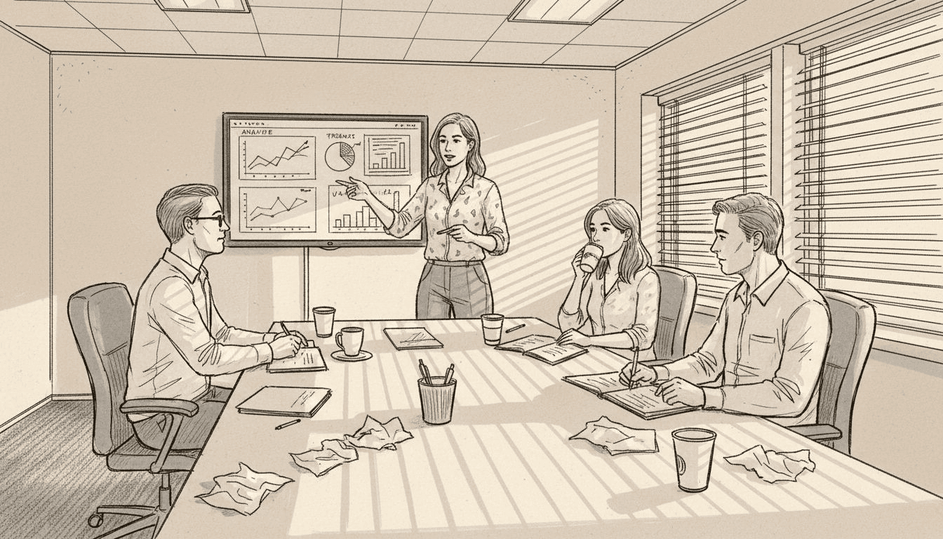 Im Meeting tauscht sich das Team über aktuelle Geschäftsdaten und digitale Entwicklungen aus.