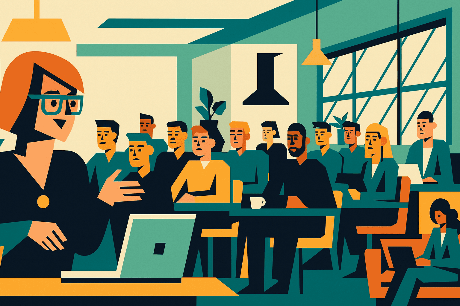 Aula moderna con una docente che parla davanti a un gruppo di adulti attenti, durante un corso di comunicazione e public speaking.