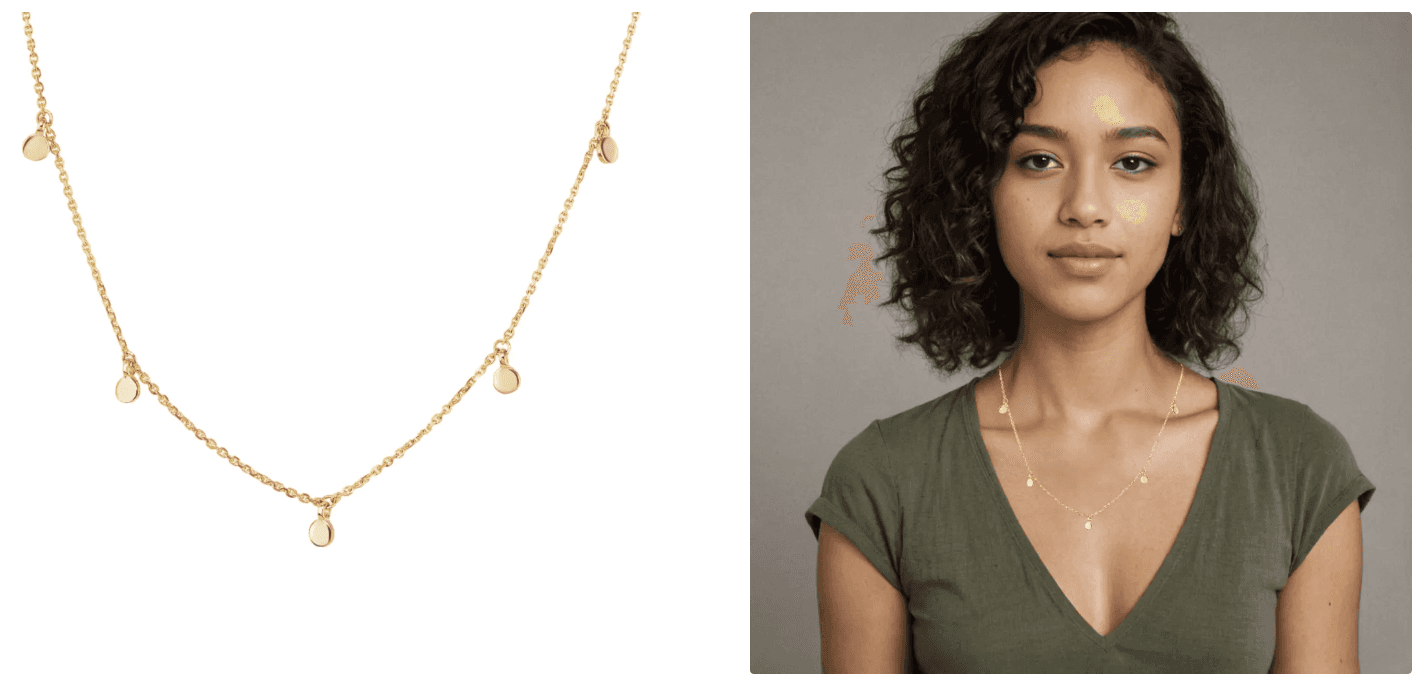 gold necklace on a white background and also on a mixed race model in a studio