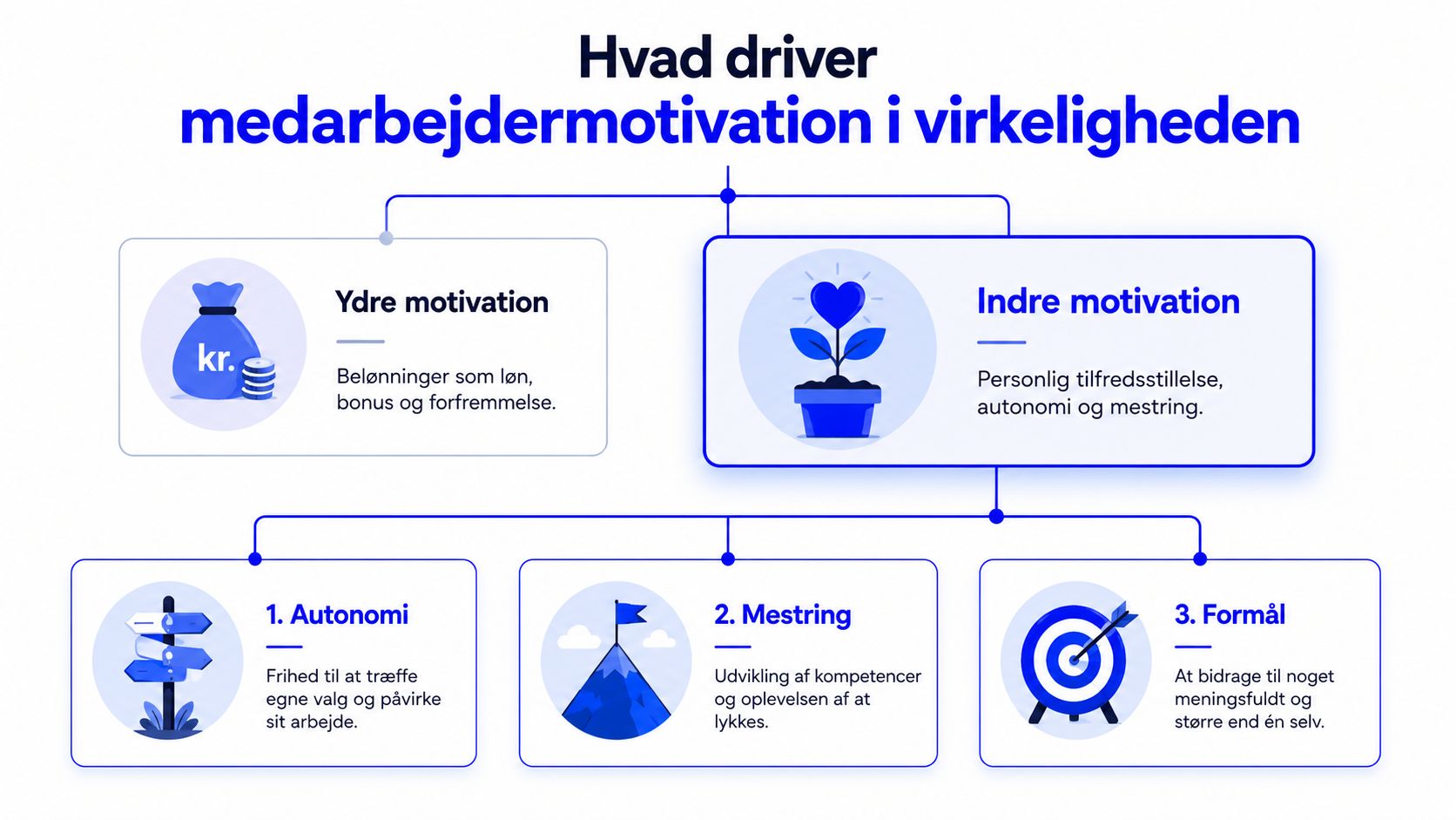 En infografik der viser forskellen på ydre motivation såsom løn og indre motivation som autonomi og formål.