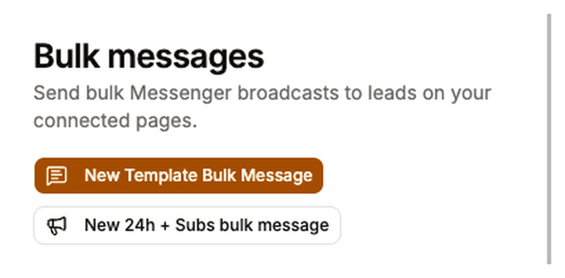 Bulk messages screen with buttons for a New Template Bulk Message and a New 24h plus Subs bulk message.