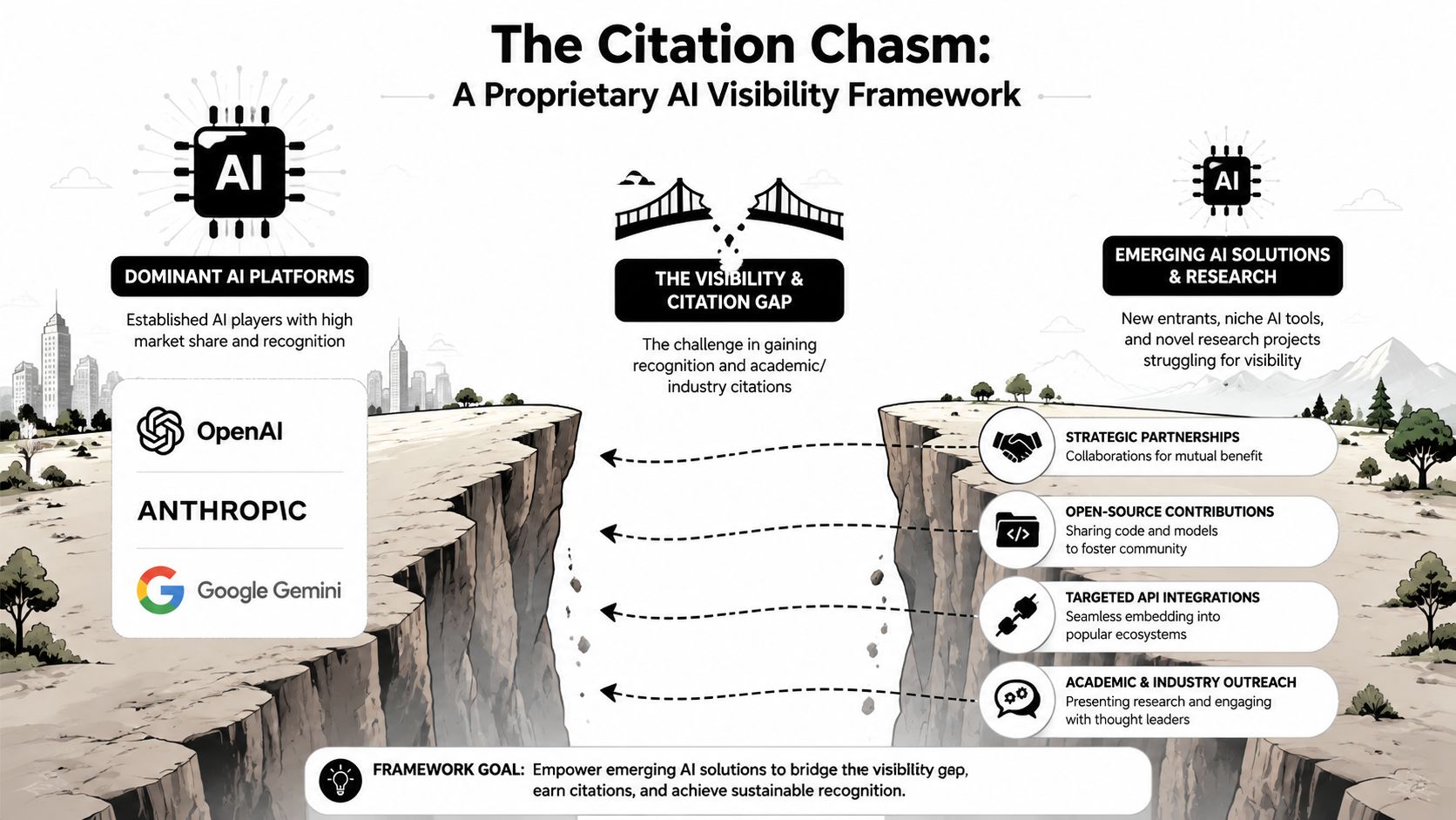 A diagram illustrating the Citation Chasm framework between established AI platforms and emerging AI research solutions.