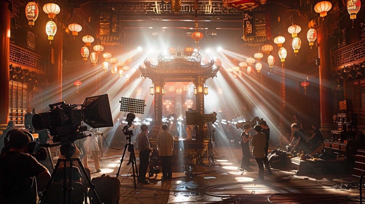 a director chairs and camera equipment on a bustling film set with crew members working efficiently in their respective roles.