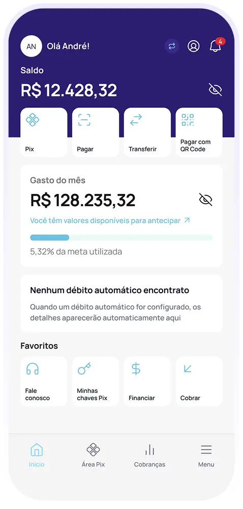 Interface de aplicativo financeiro exibindo saldo de R$ 12.428,32 e gasto do mês de R$ 128.235,32, com opções de Pix, Pagar e Transferir.
