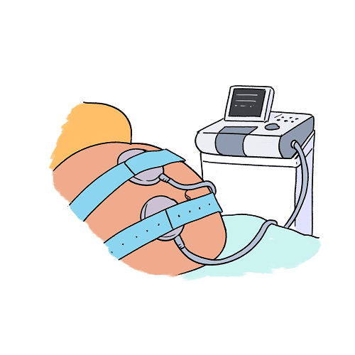 An illustration of a machine next to a pregnant person's belly. There are pads placed on the belly, held down by straps. These pads give readings to the machine through wires.