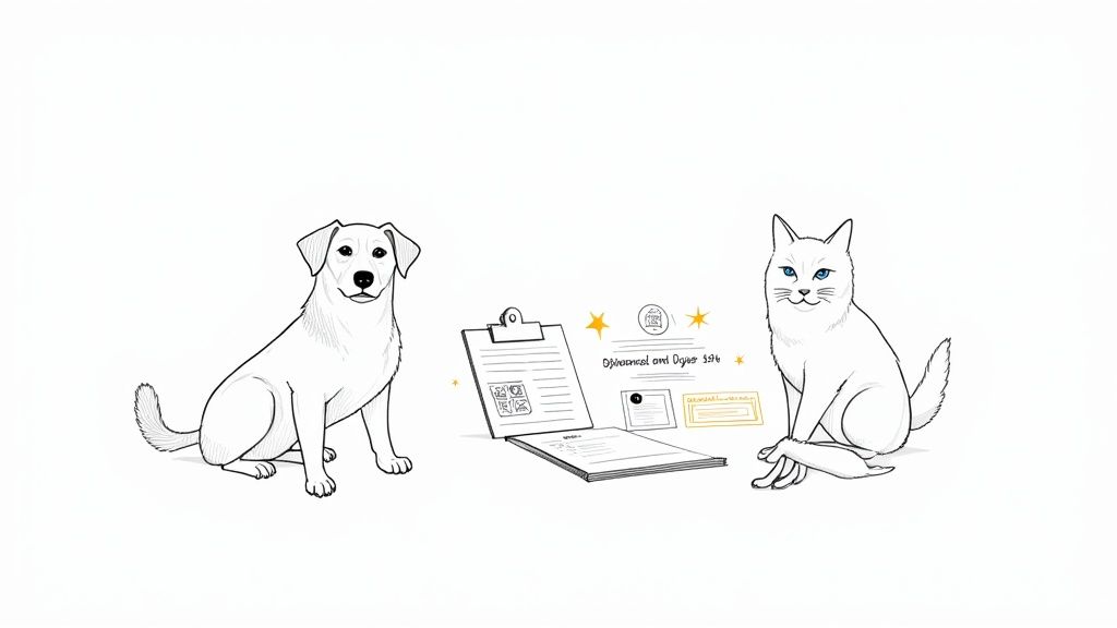 Dog and cat sitting with pet travel documents, passports and health certificates for international relocation