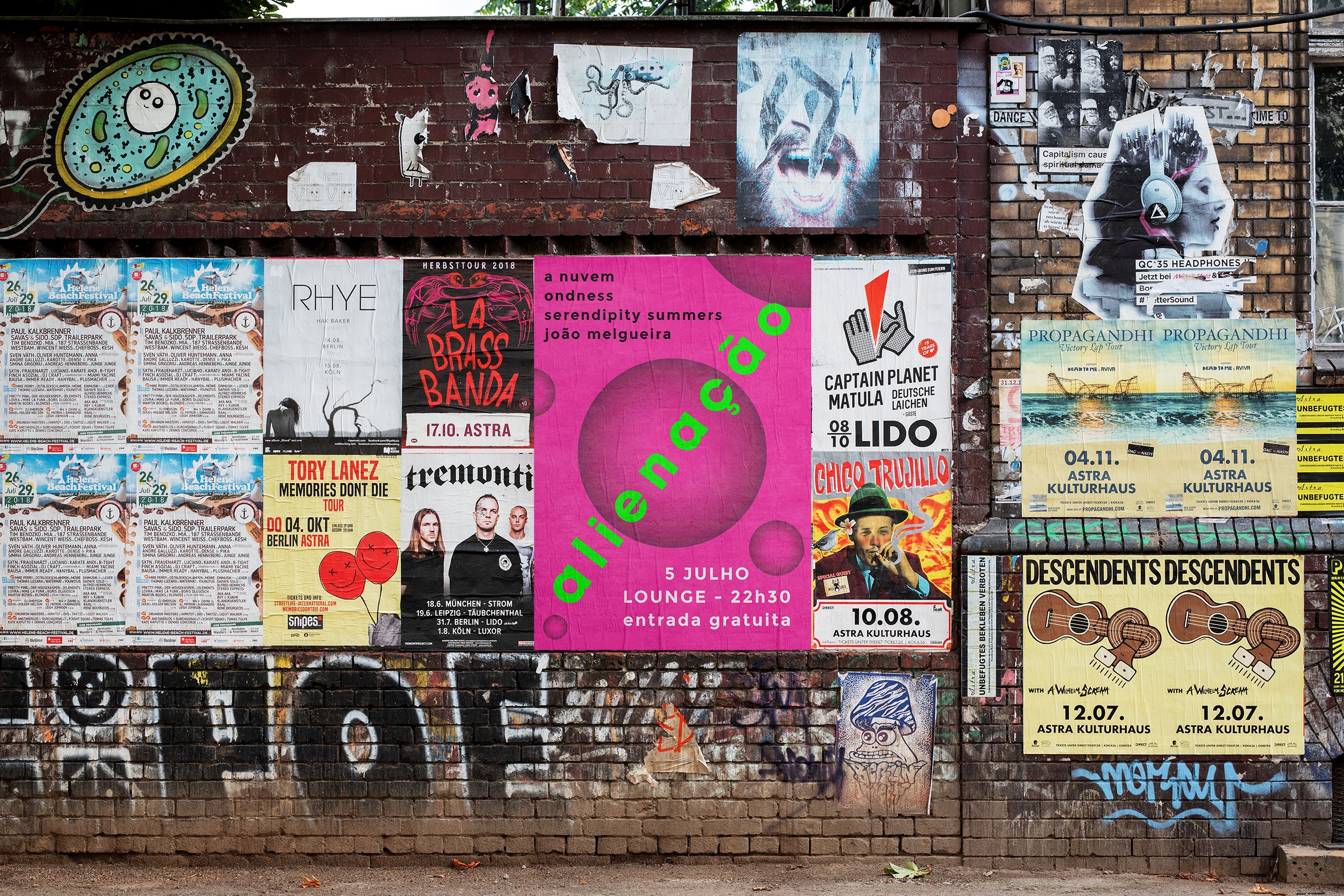 Contemporary music event poster design “Alienação” with experimental typography and vibrant colour composition.