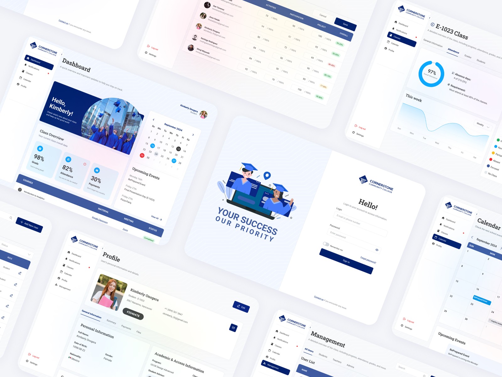 A collection of digital interface mockups for an educational platform, including a student dashboard with progress metrics, a profile page, calendar, and a login page. These UI designs use white and dark blue as main colors.