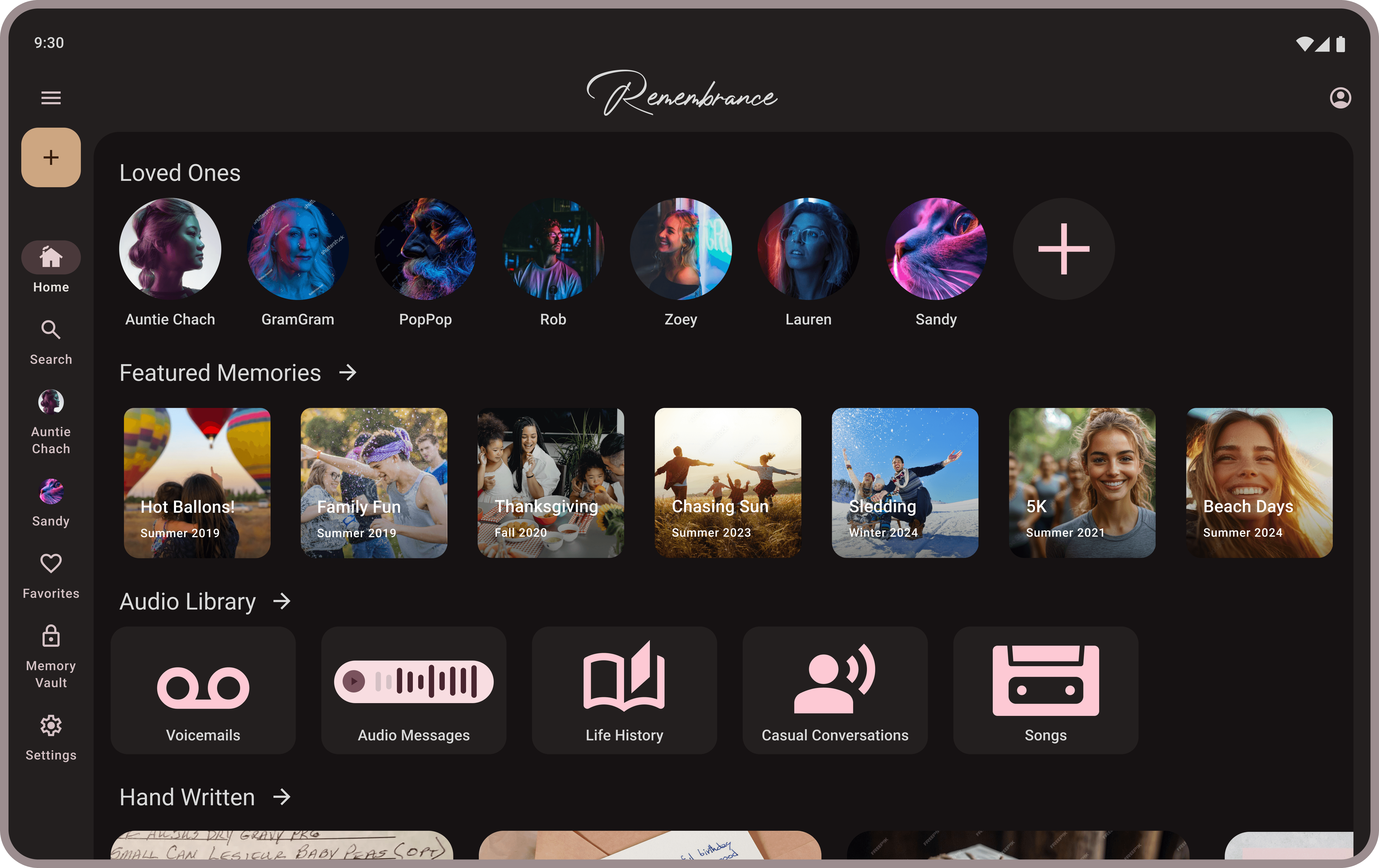 Digital wireframes for the Remembrance app featuring high-fidelity elements like photos, audio players, and a candle-lit login screen on a dark UI.