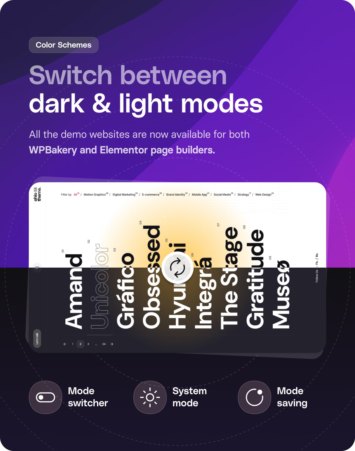 Website interface layout presenting dark and light mode toggle options above a website design preview.
