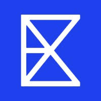 White geometric logo on a blue background, featuring overlapping shapes that create a modern, abstract design.