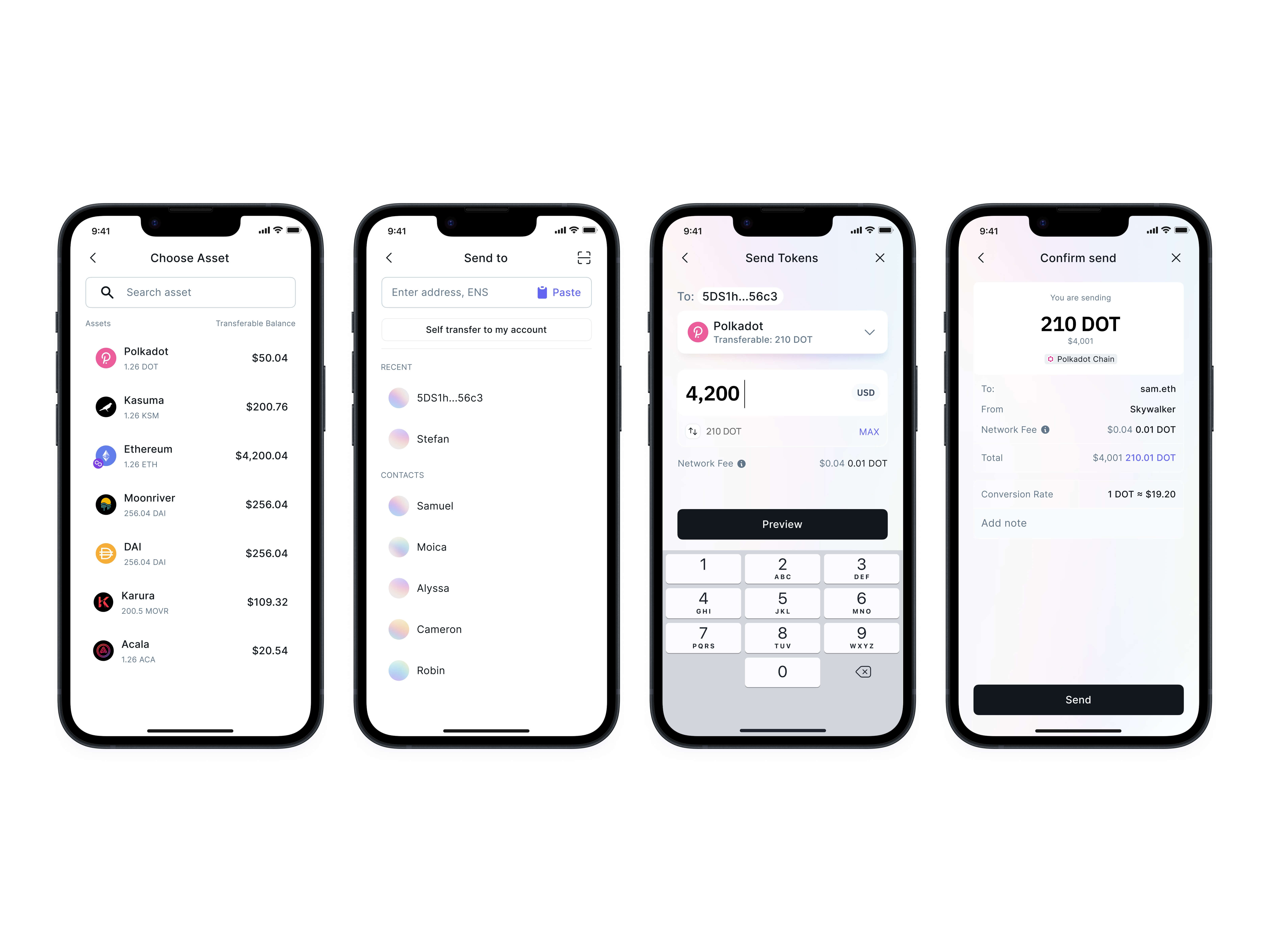Laguna Wallet mobile send flow from asset selection to confirmation screen including contacts, ENS support, network fee, and DOT conversion rate