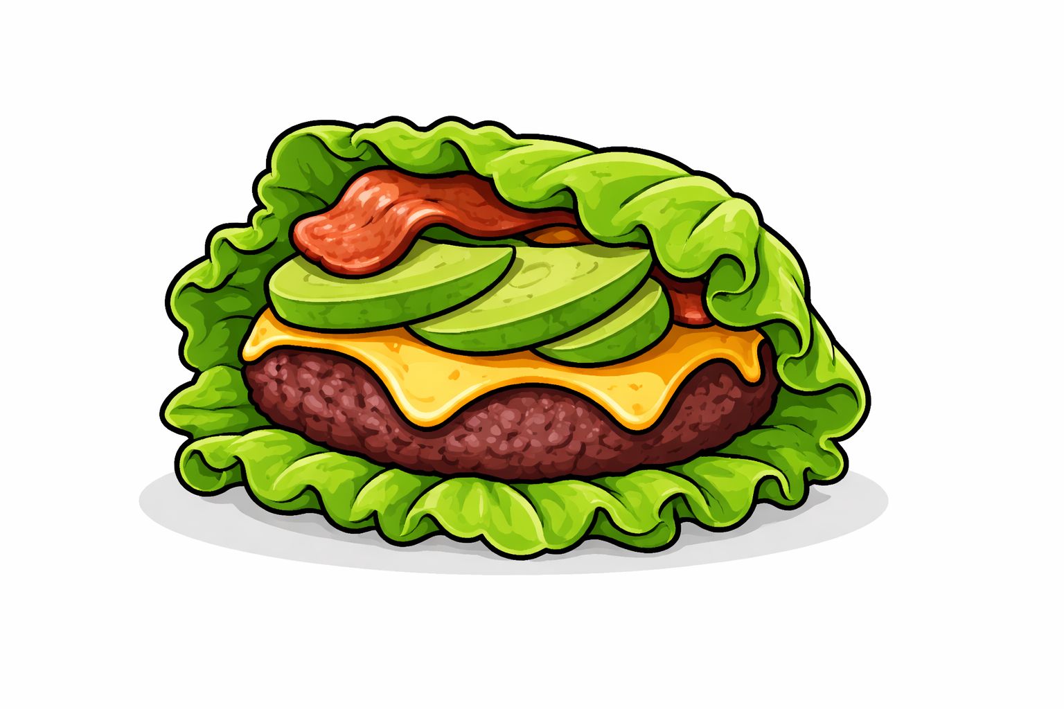 Carb friendly meals lettuce burger + low-carb lettuce-wrapped burger with beef patty, melted cheddar cheese, avocado slices, and bacon.