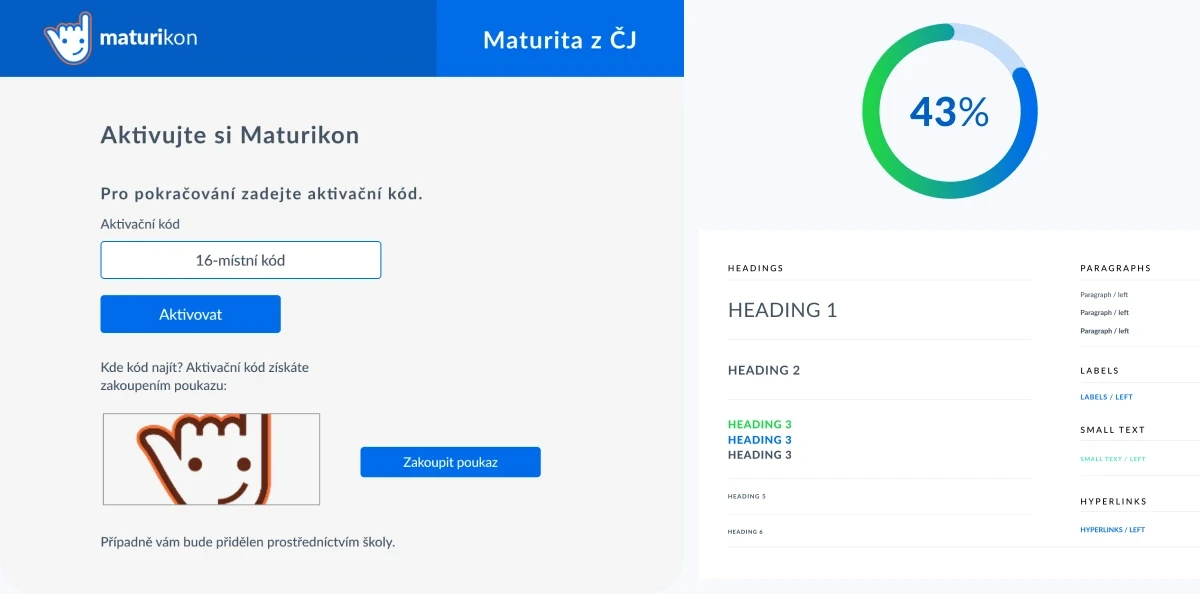 Ukázka UI dashboardu Maturikonu. Design hlavních sekcí s výsledky a datovými okny.