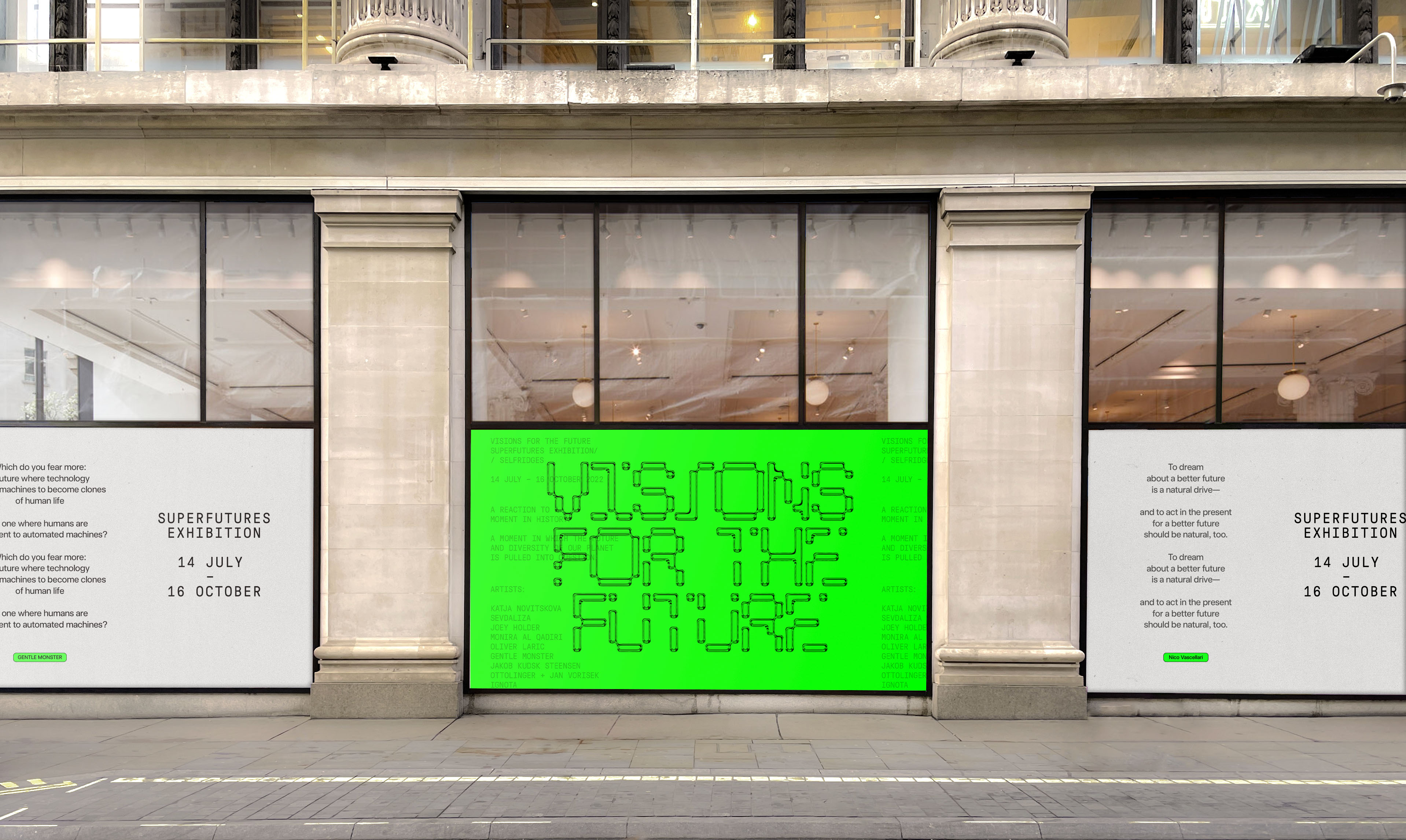 Streetside billboard with flyposters of the Batch.Works brand and illustrations