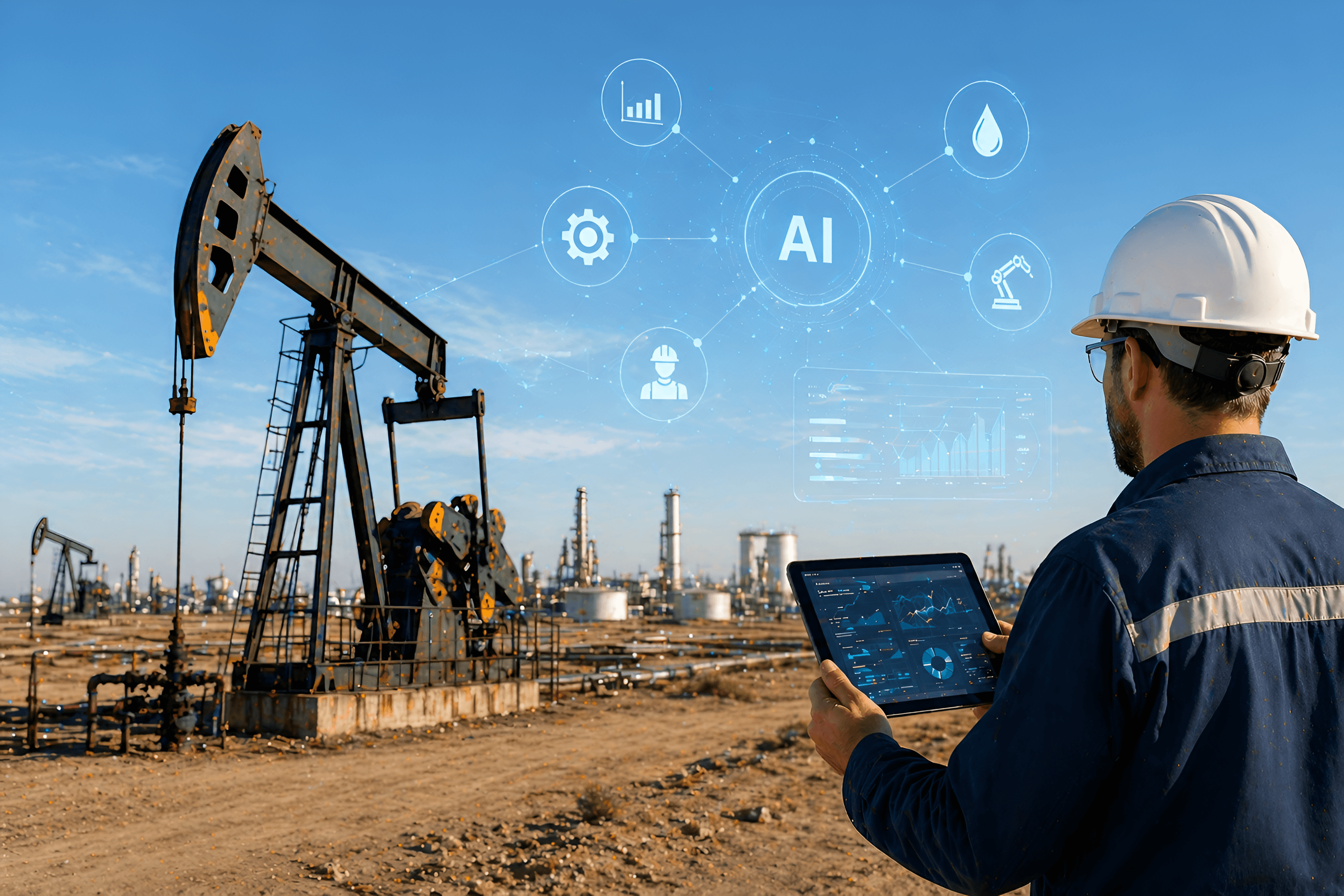 Field engineer using a tablet beside an active pump jack with AI automation icons overlaid in the sky.