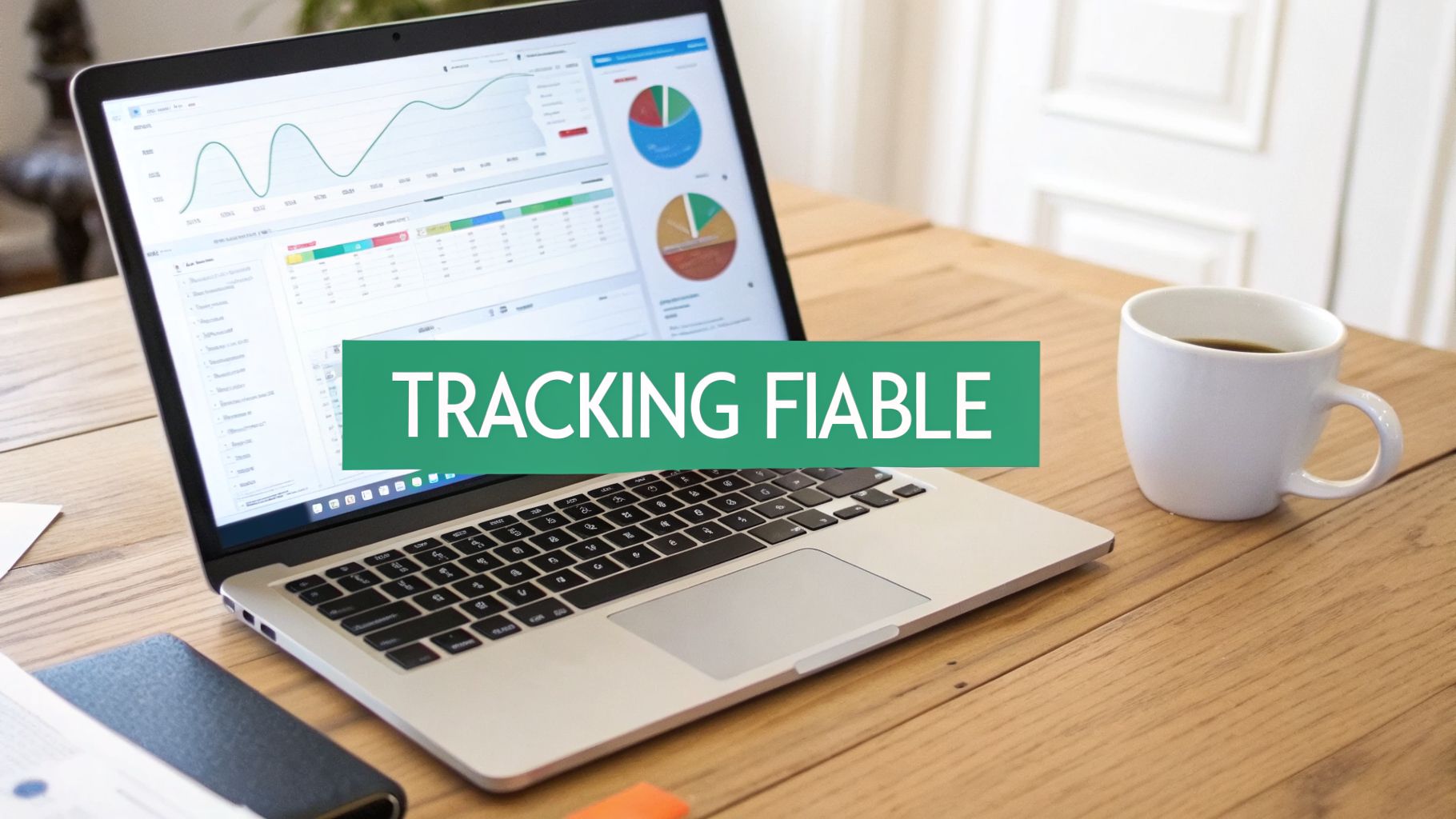 Un ordinateur portable sur un bureau en bois, affichant des graphiques d'analyse de données, avec une tasse de café et un carnet.