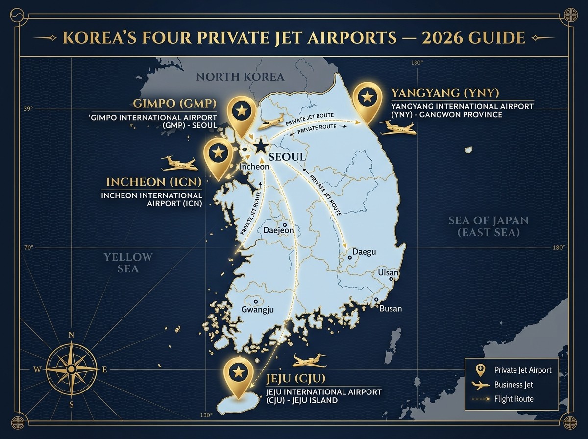 Korea airport-by-airport private jet guide — Gimpo SGBAC Incheon Jeju Yangyang Air Charter Korea 2026