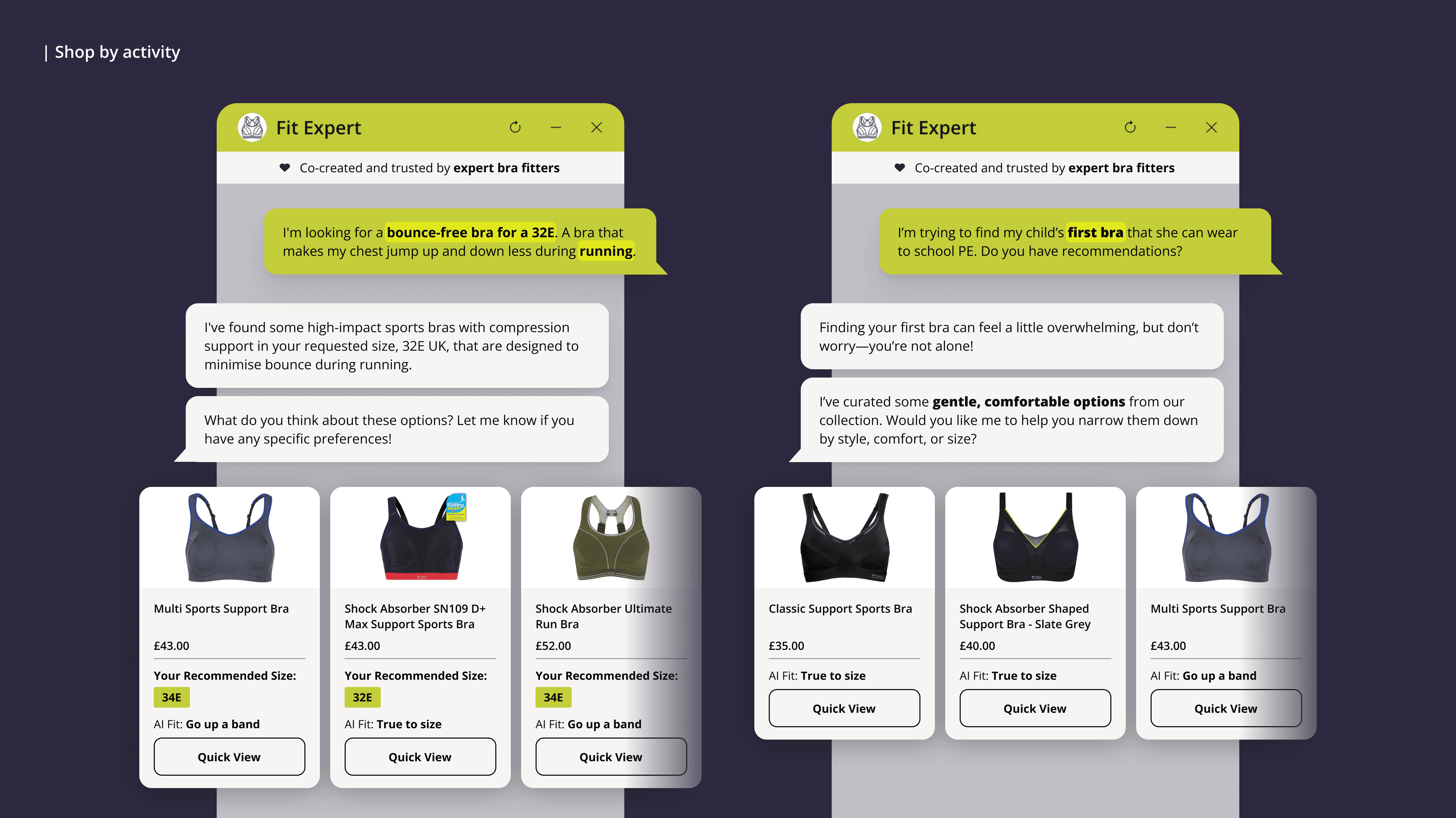 Brarista's chatbot on the Shock Absorber site, guiding shoppers by activity