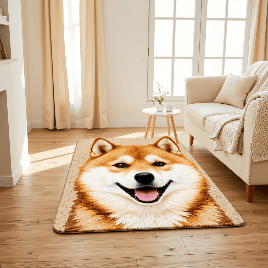 product photography of a decorative rug shaped like a dog's face, used for home decor