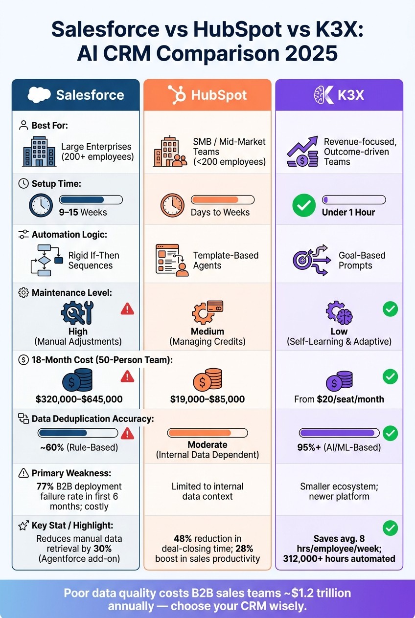 Salesforce vs HubSpot vs K3X: AI CRM Comparison 2025