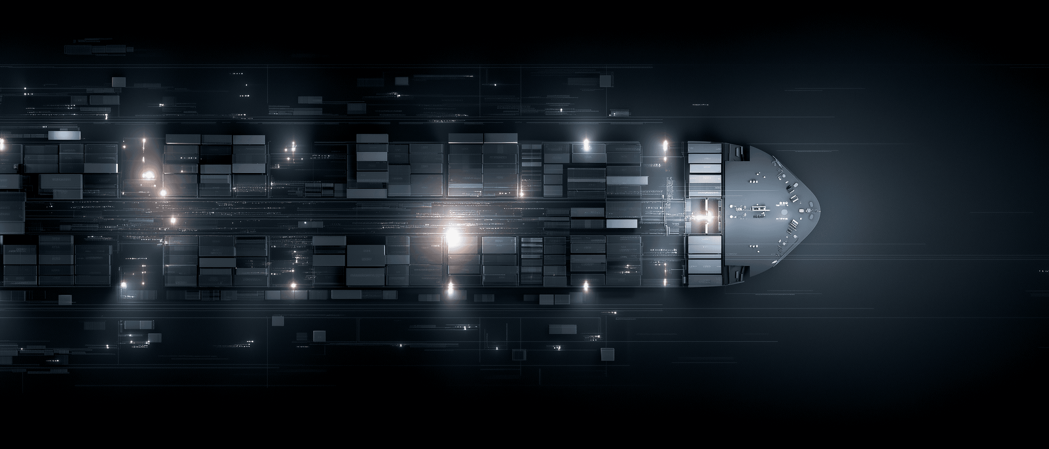 Abstract top-down cargo vessel formed from stacked container-like blocks and glowing data lines, suggesting regulated logistics, controlled movement, and audit-grade shipment visibility.