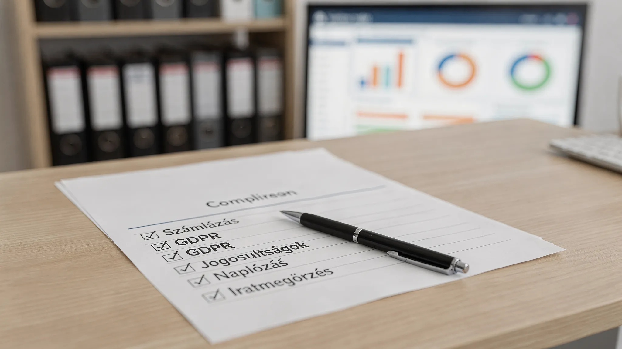 Egy KKV irodai környezetben egy egyszerű megfelelési ellenőrzőlista látható: Számlázás, GDPR, Jogosultságok, Naplózás, Iratmegőrzés. A háttérben iratok és egy dashboard jellegű kimutatás, a fókusz a rendezett folyamatokon van.
