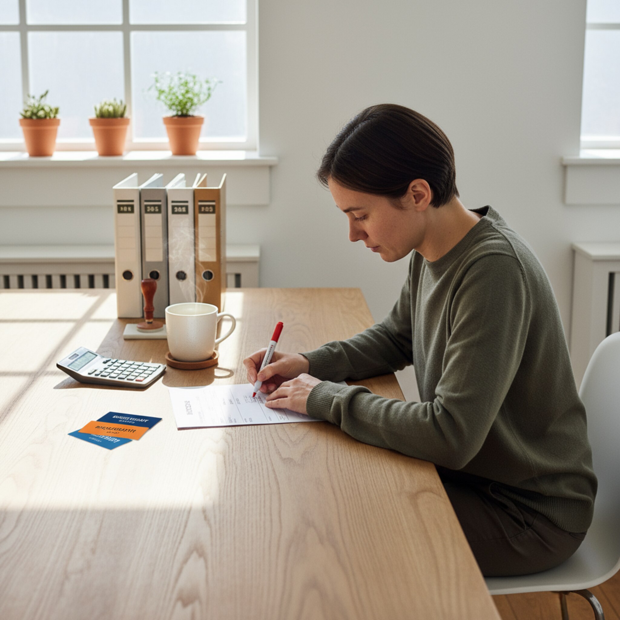 Ein ruhiger Büroraum mit Ordnern, Stempel und nummerierten Rechnungsblättern. Jemand markiert eine Summe auf einem Ausdruck, daneben liegen Rabattcoupons. Eine Tasse dampft, auf dem Fensterbrett Pflanzen. Die Atmosphäre ist sachlich und aufgeräumt, Zahlen scheinen greifbar und abgeschlossen.