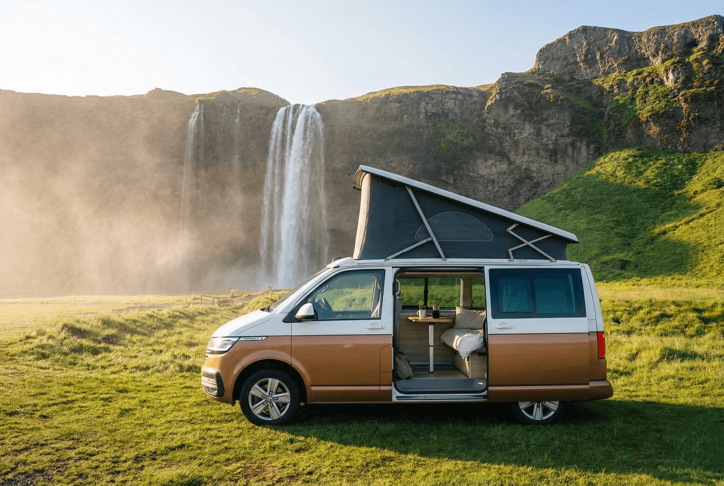 An orange camper van driving on a sunlit coastal road with cliffs and the ocean in the background.