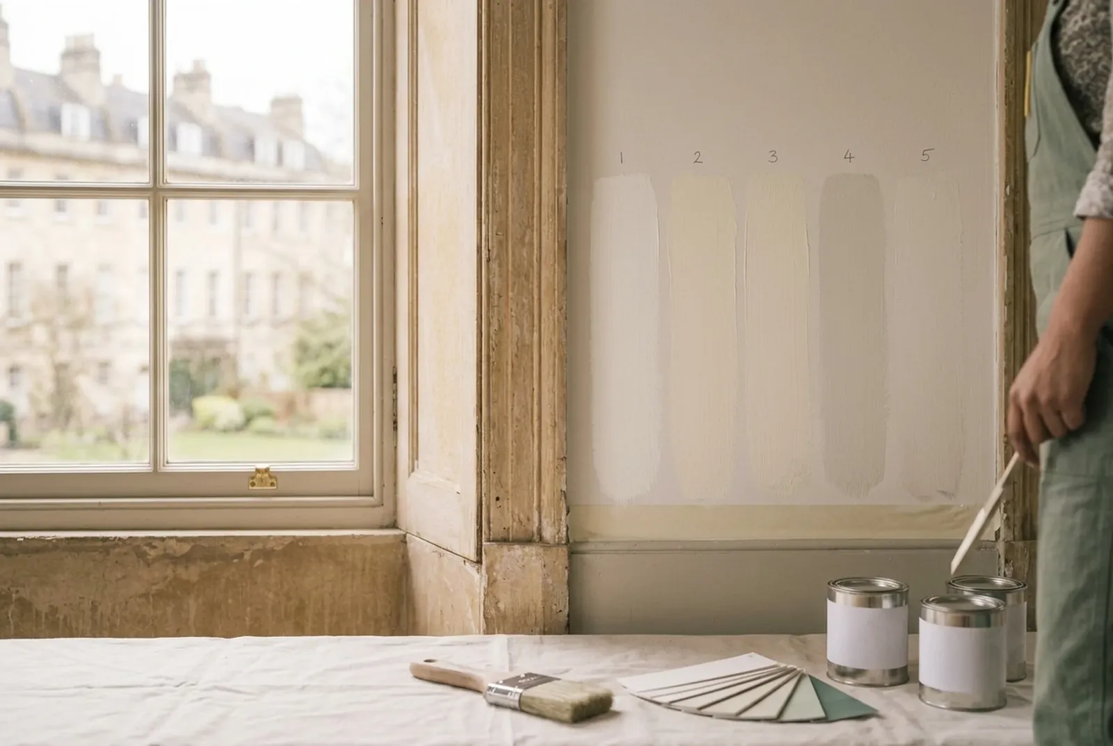 Warm white paint samples brushed on a wall next to a sash window