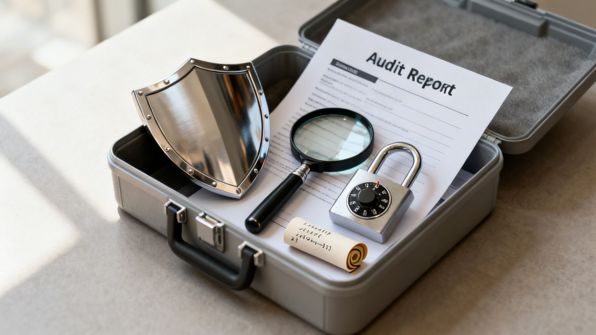 An open briefcase with an Audit Report, shield, magnifying glass, padlock, and coded scroll, symbolizing security and investigation.