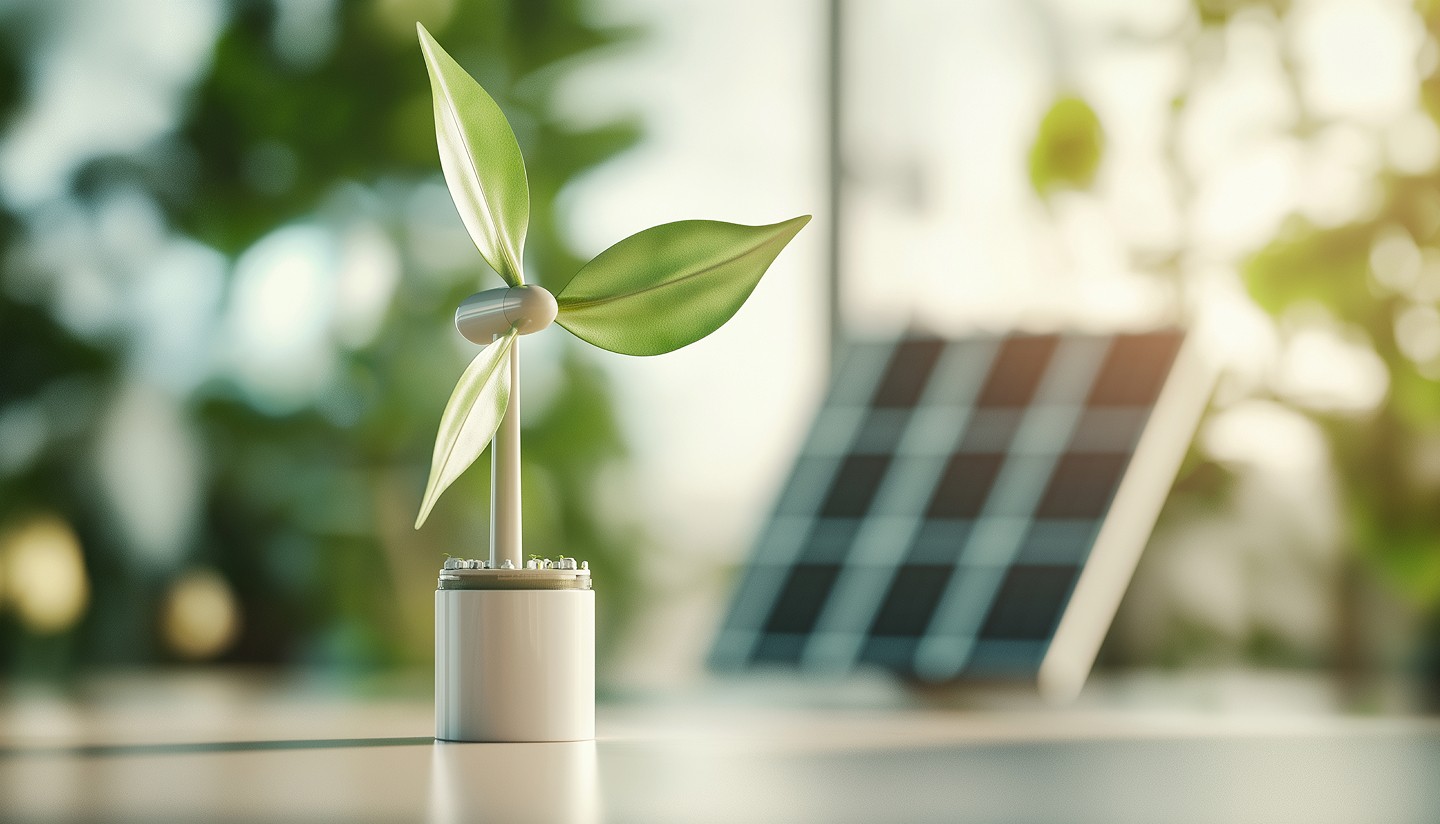 Miniature leaf-bladed wind turbine with a solar panel in the background.