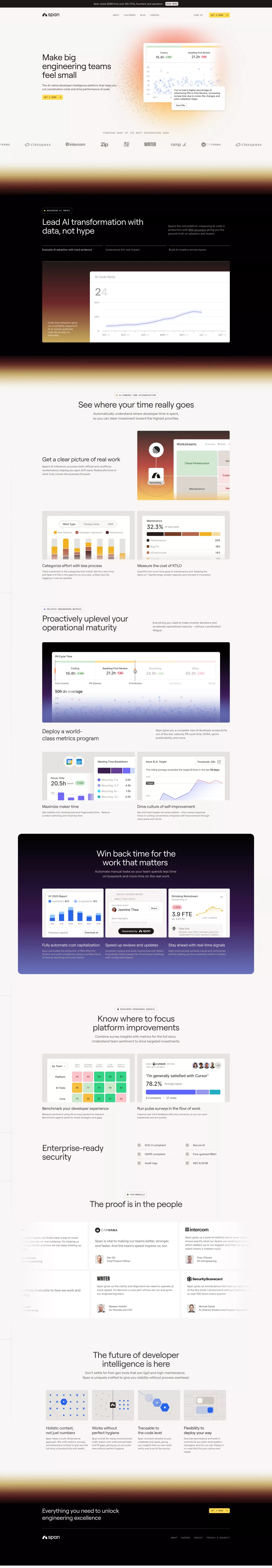 Span - AI-native engineering intelligenc landing page screenshot showcasing AI and Tech design