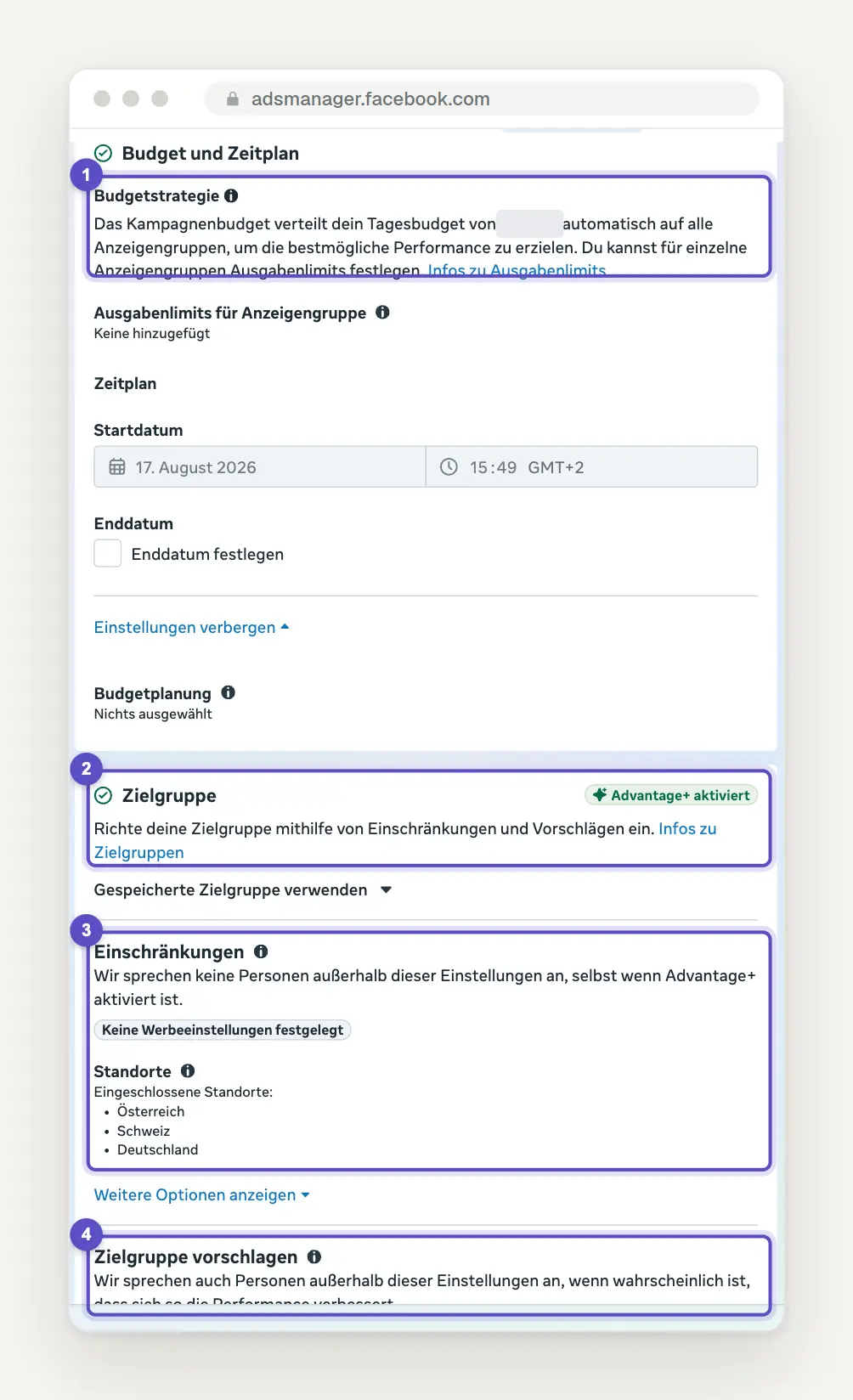 Budget und Zielgruppe im Werbeanzeigenmanager: Budgetstrategie mit Kampagnenbudget und geschwärztem Betrag, Zielgruppe mit Advantage+, Einschränkungen mit den Standorten Österreich, Schweiz und Deutschland sowie Zielgruppe vorschlagen.