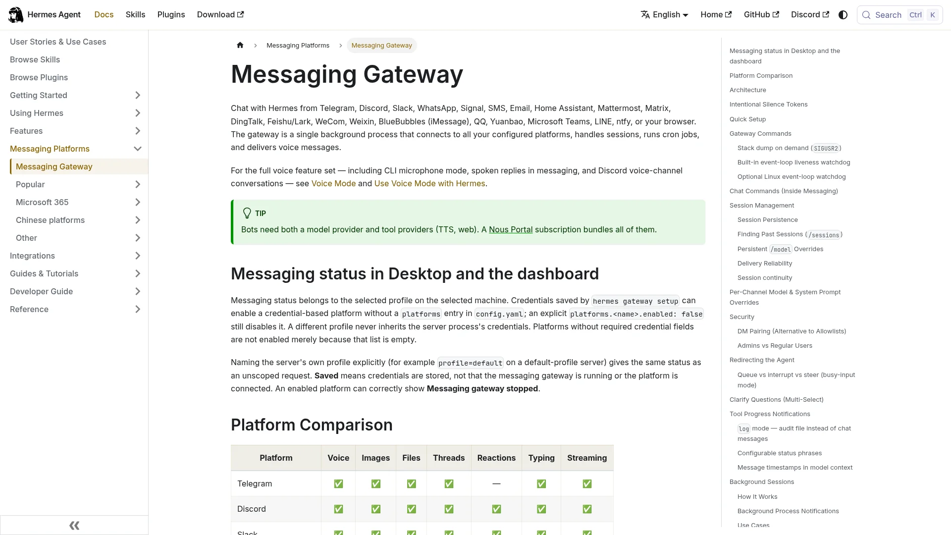 Hermes Agent documentation listing the messaging platforms the personal AI assistant supports