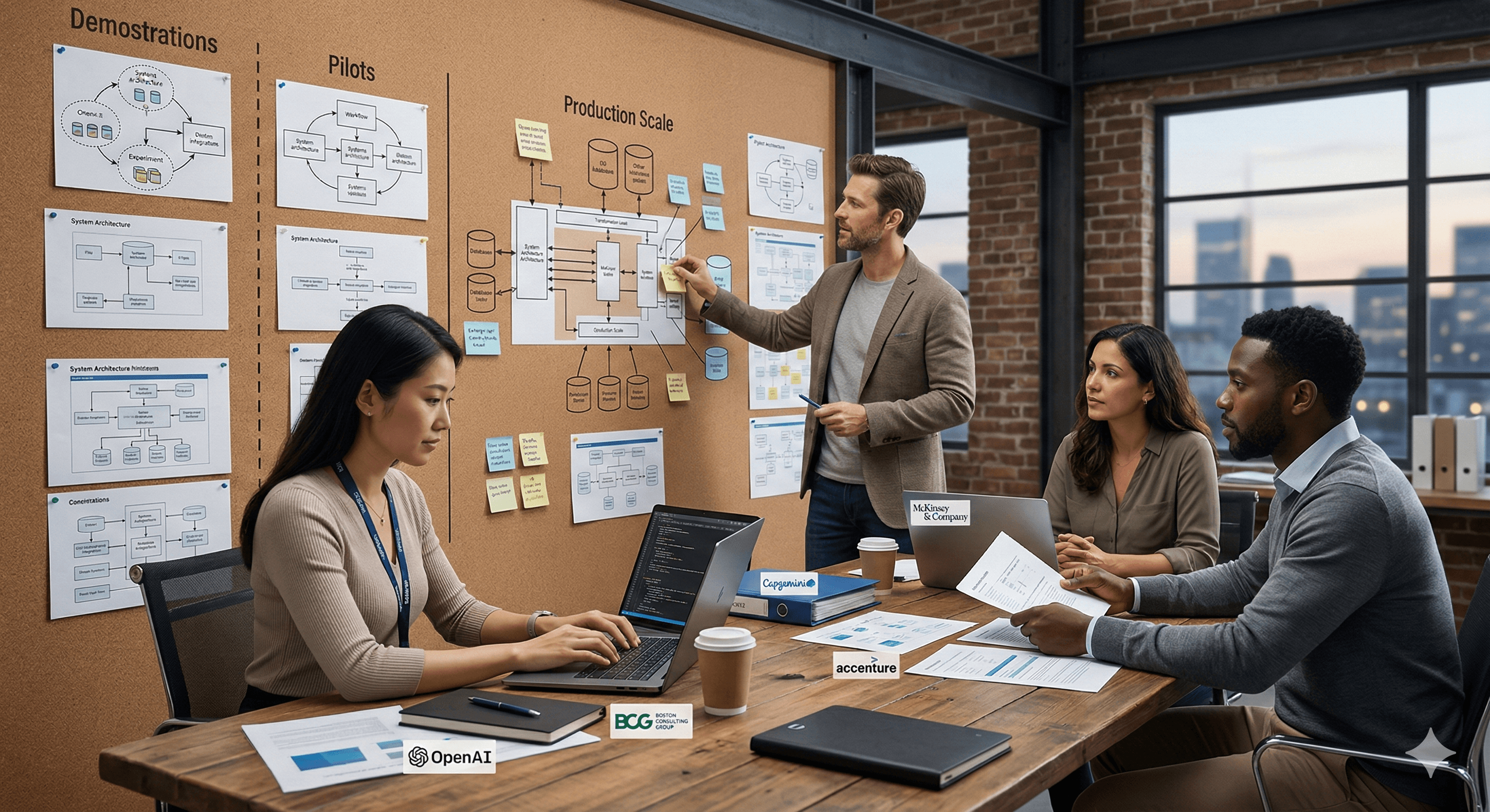 In a modern industrial office setting, four professionals collaboratively discuss AI deployment strategies, reviewing diagrams and notes on a wall board, enhancing the success of enterprise AI initiatives through coordinated efforts among frontier alliances.