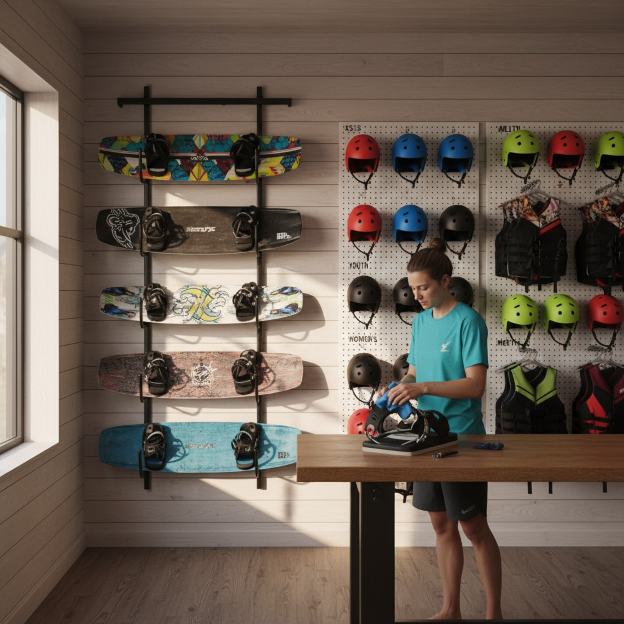 Ein Regal mit Wakeboards in verschiedenen Größen fängt die Nachmittagssonne, die Kanten werfen klare Schatten. Eine Mitarbeiterin prüft sorgsam die Bindung und wischt letzte Wassertropfen ab. Daneben hängen Helme und Westen nach Farbe sortiert. Der Bereich wirkt aufgeräumt, bereit für die nächste Session.