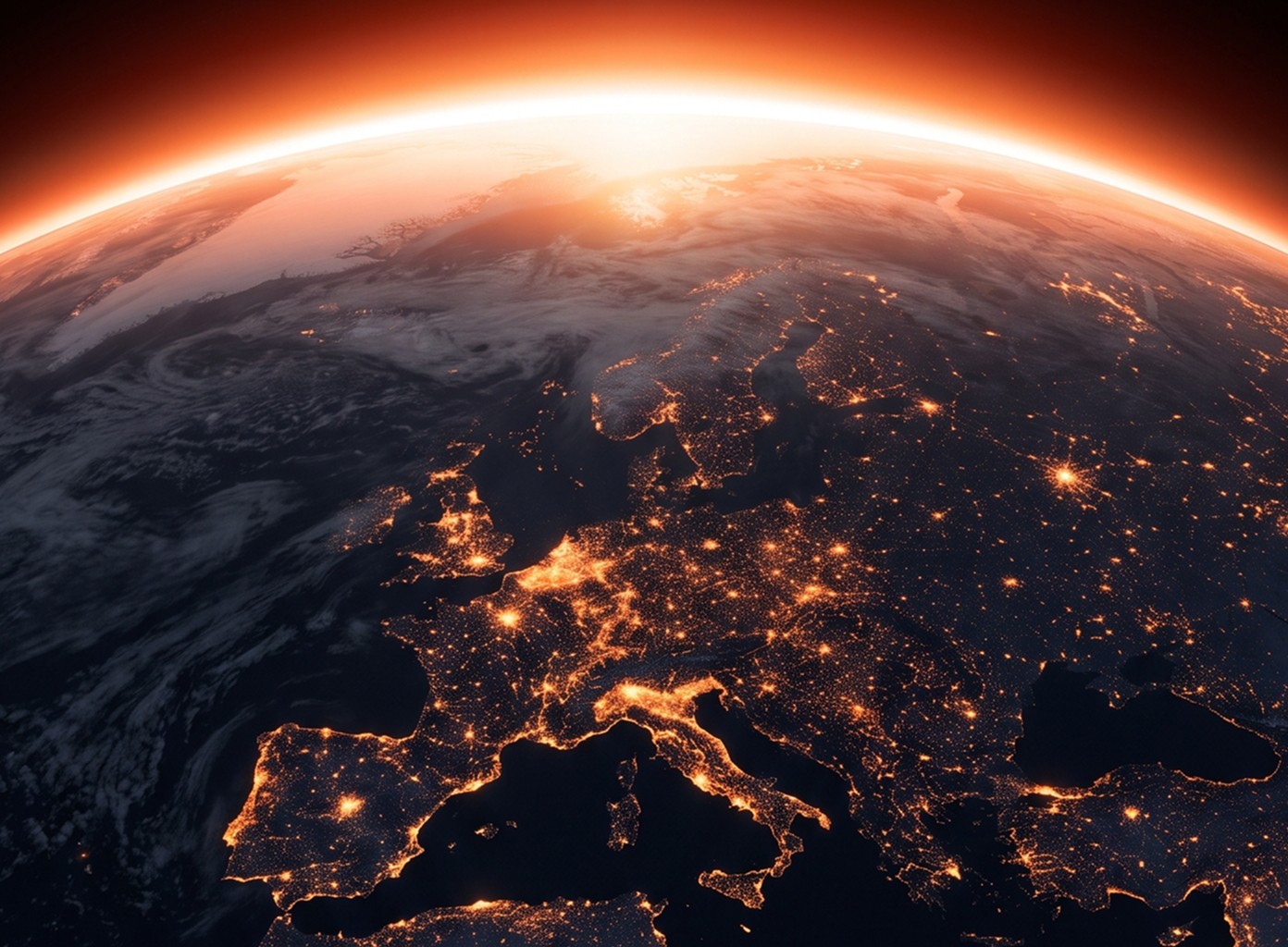 Vue nocturne de l’Europe illuminée depuis l’espace
